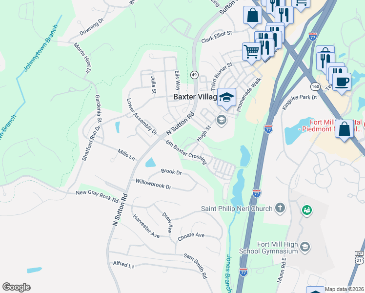 map of restaurants, bars, coffee shops, grocery stores, and more near 522 6th Baxter Crossing in Fort Mill