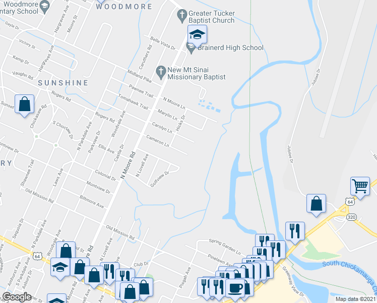 map of restaurants, bars, coffee shops, grocery stores, and more near 5063 Cameron Lane in Chattanooga