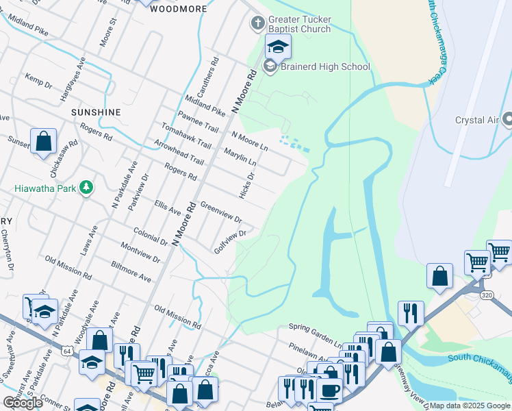 map of restaurants, bars, coffee shops, grocery stores, and more near 5007 Cameron Lane in Chattanooga
