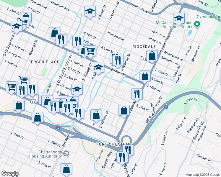 map of restaurants, bars, coffee shops, grocery stores, and more near 1701 South Lyerly Street in Chattanooga