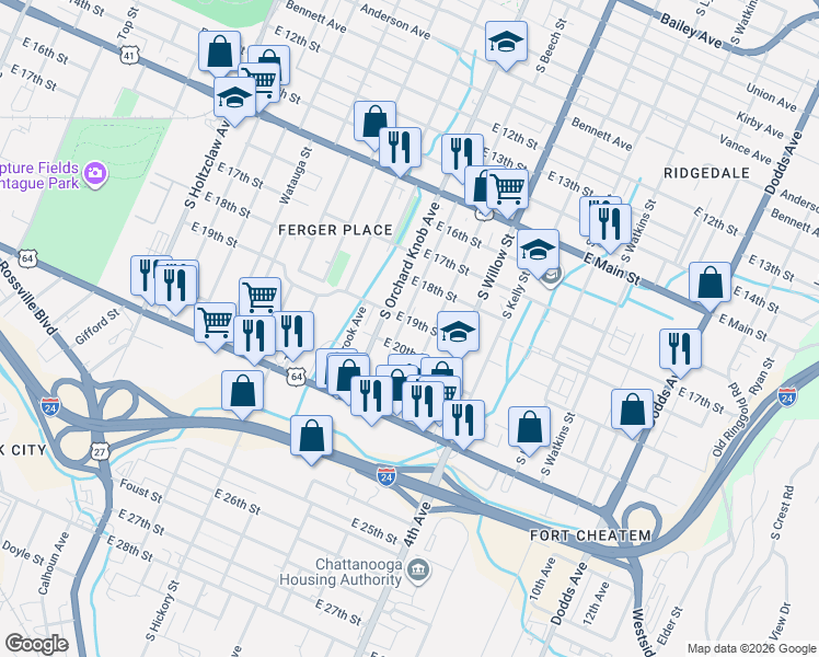 map of restaurants, bars, coffee shops, grocery stores, and more near 1814 South Beech Street in Chattanooga
