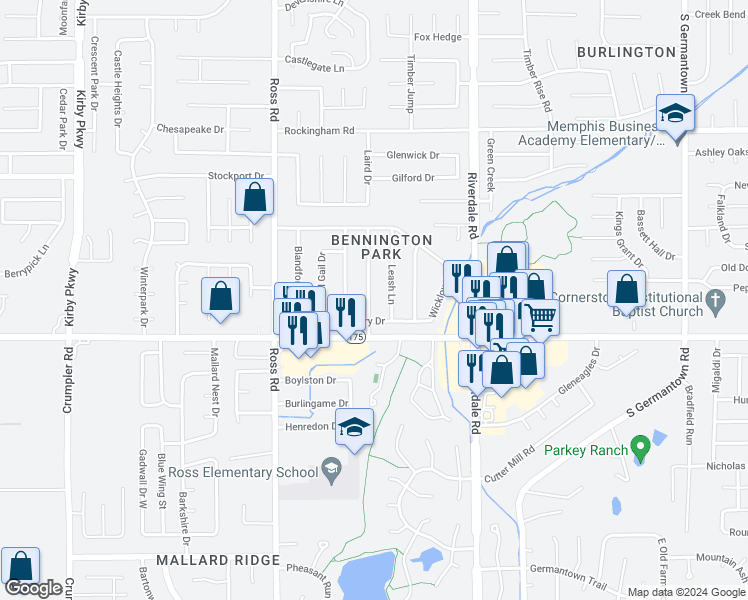 map of restaurants, bars, coffee shops, grocery stores, and more near 4621 Leash Lane in Memphis