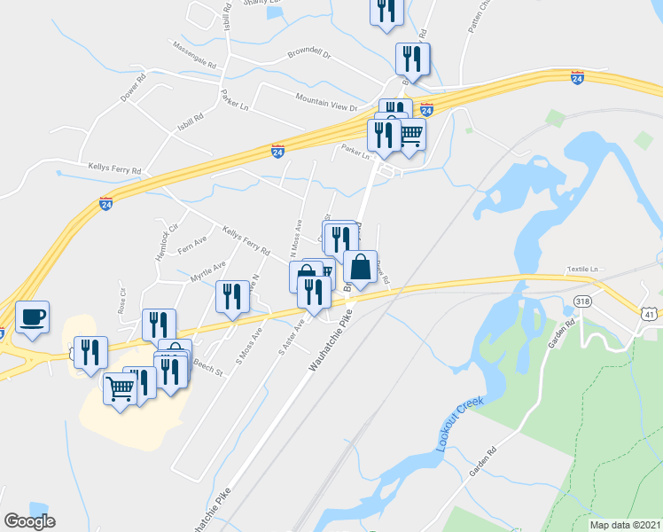 map of restaurants, bars, coffee shops, grocery stores, and more near 3101 Kellys Ferry Road in Chattanooga