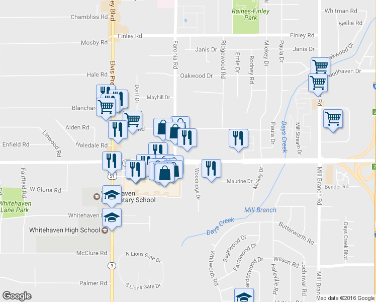 map of restaurants, bars, coffee shops, grocery stores, and more near 1352 East Shelby Drive in Memphis