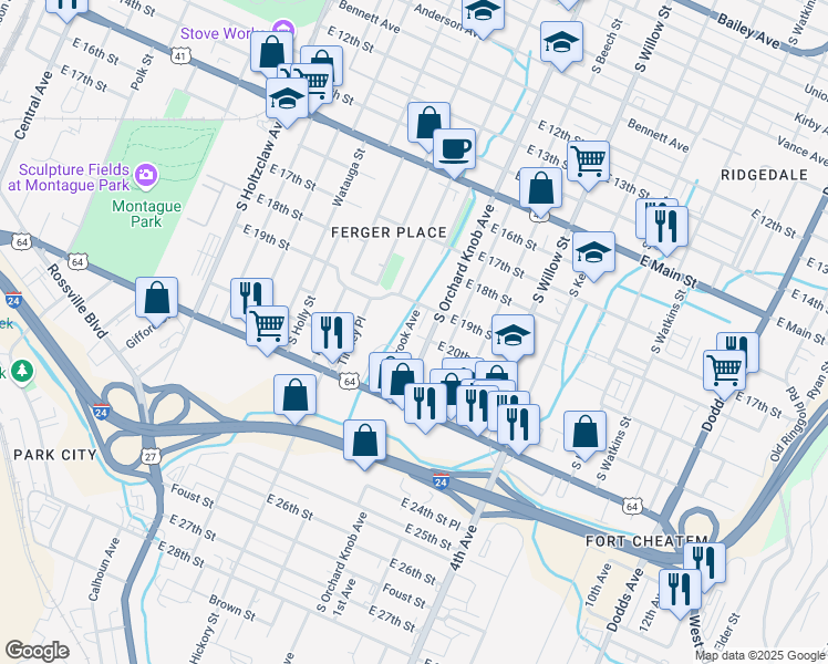 map of restaurants, bars, coffee shops, grocery stores, and more near 1916 Lynnbrook Avenue in Chattanooga