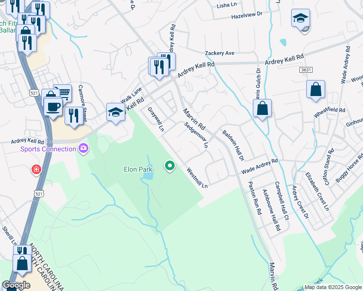 map of restaurants, bars, coffee shops, grocery stores, and more near 11208 Kirkwich Court in Charlotte