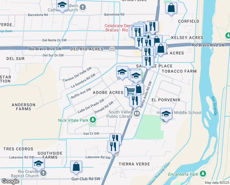 map of restaurants, bars, coffee shops, grocery stores, and more near 1724 Camino Del Valle Southwest in Albuquerque