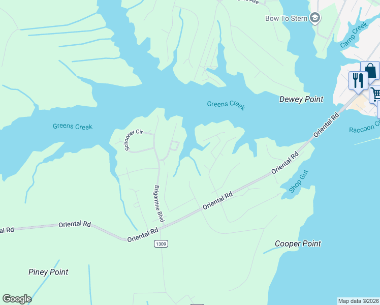 map of restaurants, bars, coffee shops, grocery stores, and more near 5105 Horton Road in Oriental
