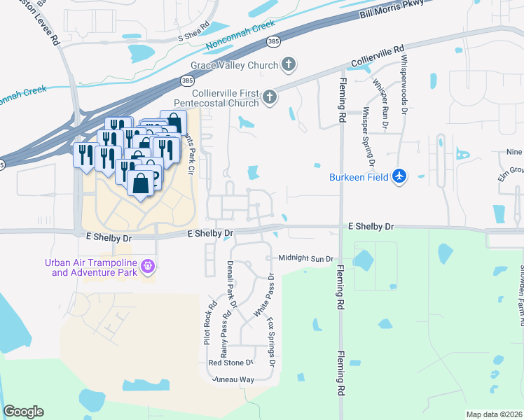 map of restaurants, bars, coffee shops, grocery stores, and more near 4626 Jasper Park Lane in Collierville