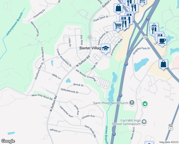 map of restaurants, bars, coffee shops, grocery stores, and more near 229 Hugh Street in Fort Mill