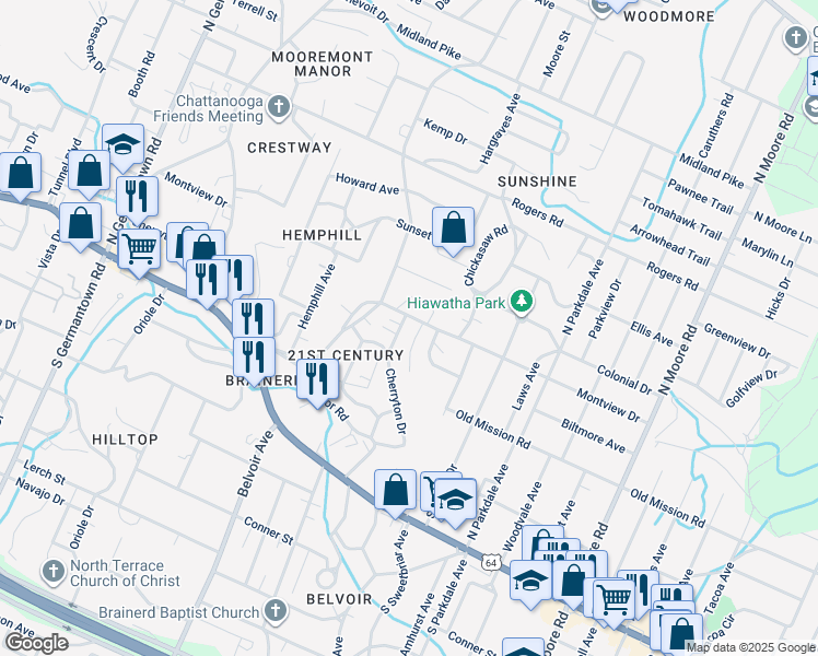 map of restaurants, bars, coffee shops, grocery stores, and more near 206 Gillespie Terrace in Chattanooga