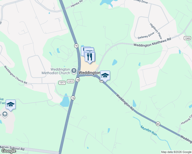 map of restaurants, bars, coffee shops, grocery stores, and more near 1938 Weddington Road in Matthews