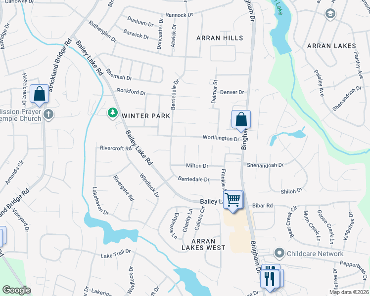 map of restaurants, bars, coffee shops, grocery stores, and more near 1772 Michelle Court in Fayetteville