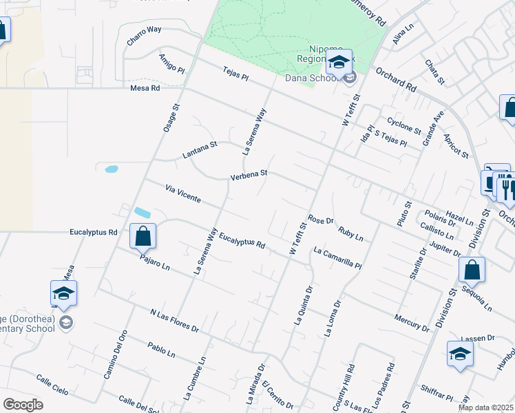 map of restaurants, bars, coffee shops, grocery stores, and more near 1170 Azalea Court in Nipomo