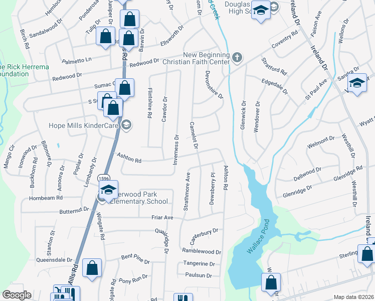 map of restaurants, bars, coffee shops, grocery stores, and more near 4710 Ashton Road in Fayetteville
