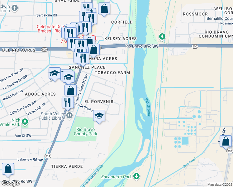 map of restaurants, bars, coffee shops, grocery stores, and more near 1304 Tobacco Road Southwest in Albuquerque