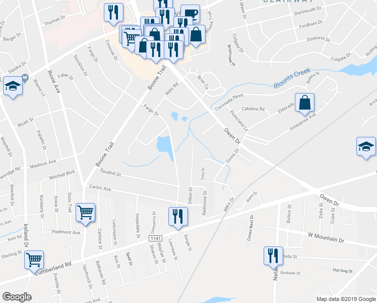 map of restaurants, bars, coffee shops, grocery stores, and more near 2125 Fargo Drive in Fayetteville