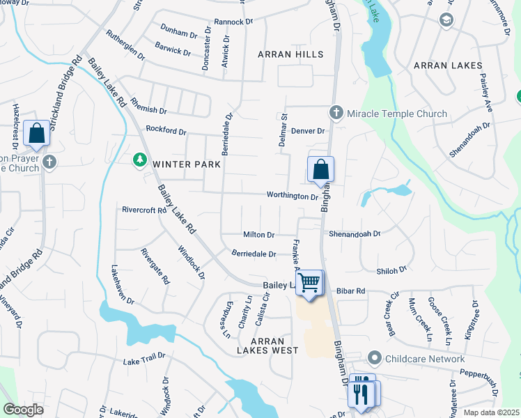 map of restaurants, bars, coffee shops, grocery stores, and more near 6311 Worthington Drive in Fayetteville