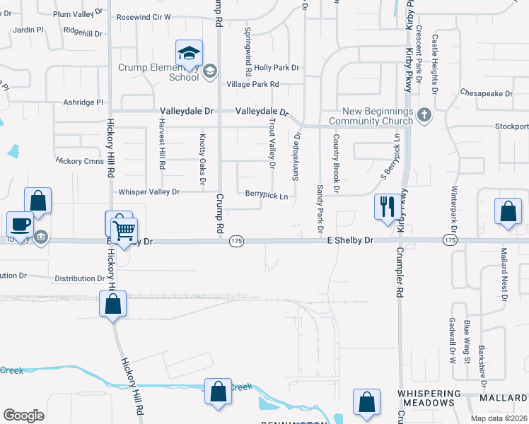 map of restaurants, bars, coffee shops, grocery stores, and more near 6177 Briarbend Lane in Memphis