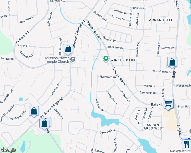 map of restaurants, bars, coffee shops, grocery stores, and more near 6337 Lakehaven Drive in Fayetteville