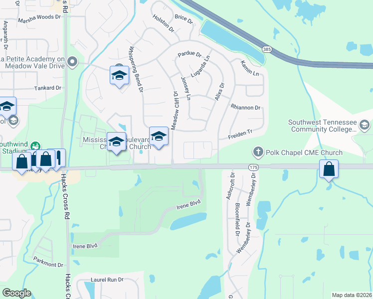 map of restaurants, bars, coffee shops, grocery stores, and more near 4624 Meadow Cliff Drive in Memphis