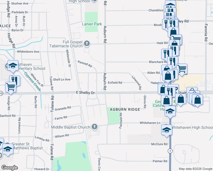 map of restaurants, bars, coffee shops, grocery stores, and more near 885 Enfield Road in Memphis