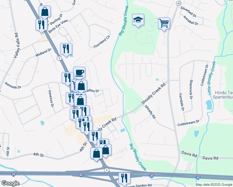 map of restaurants, bars, coffee shops, grocery stores, and more near 775 Overton Ridge Way in Boiling Springs