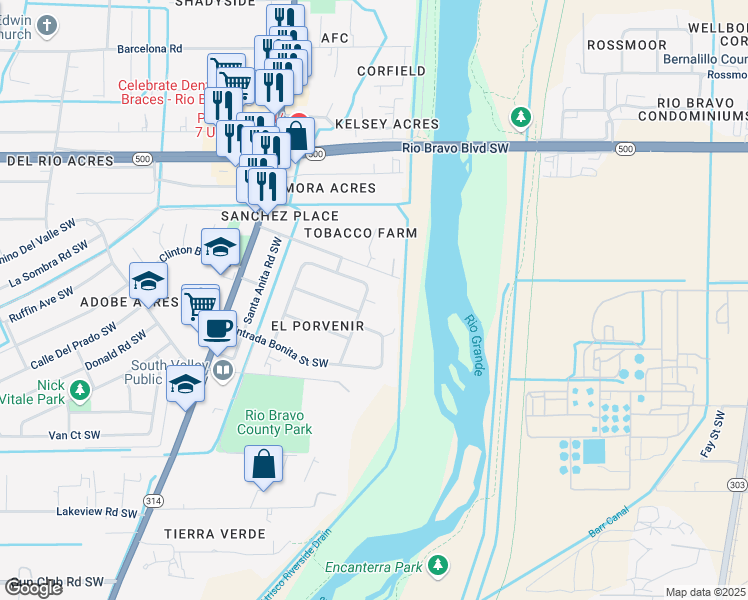 map of restaurants, bars, coffee shops, grocery stores, and more near 1304 Tobacco Road Southwest in Albuquerque