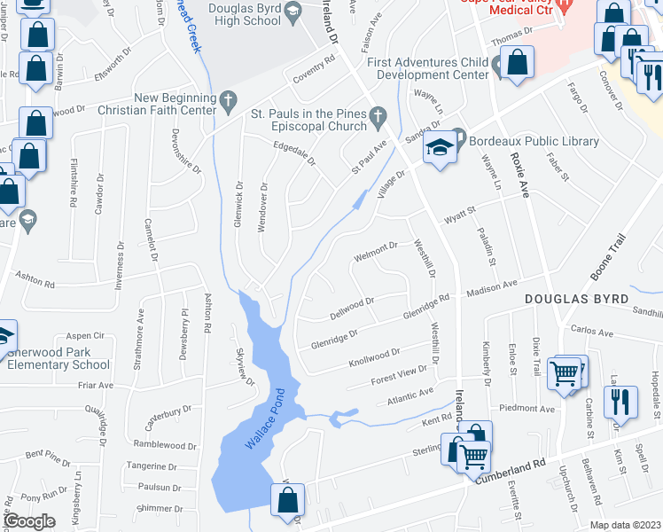 map of restaurants, bars, coffee shops, grocery stores, and more near 4055 Village Drive in Fayetteville