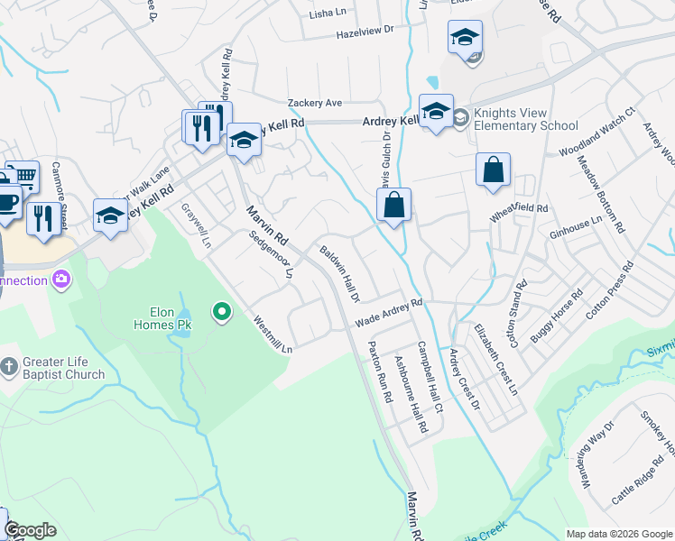 map of restaurants, bars, coffee shops, grocery stores, and more near 17306 Baldwin Hall Drive in Charlotte