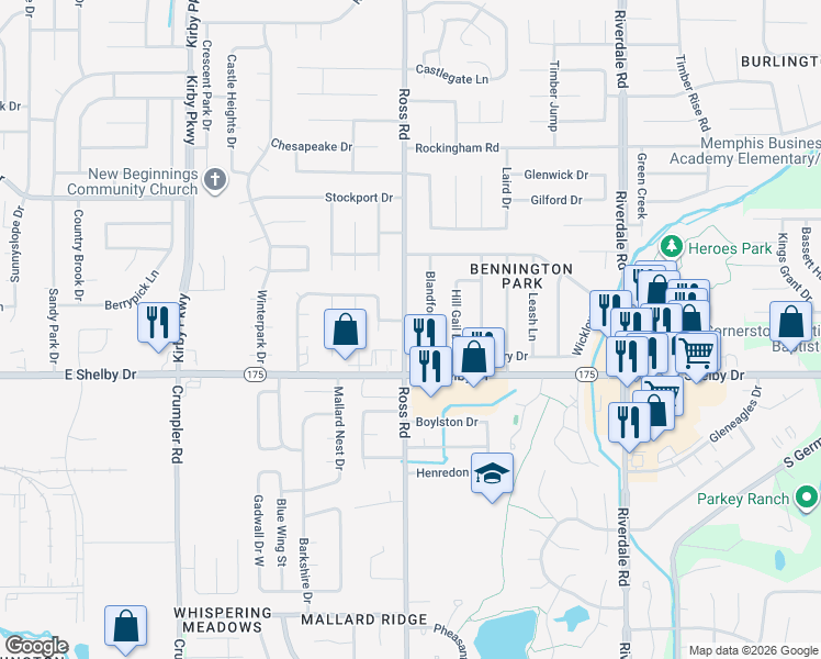 map of restaurants, bars, coffee shops, grocery stores, and more near 4630 Ross Road in Memphis