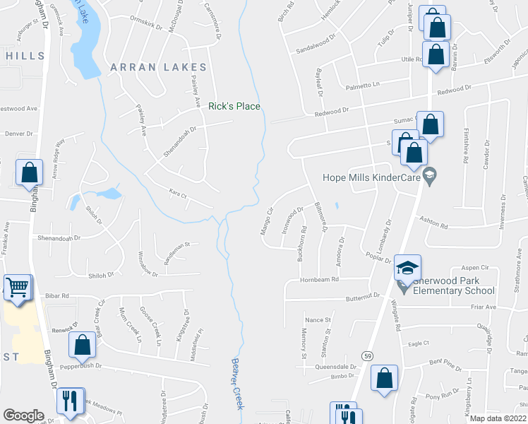 map of restaurants, bars, coffee shops, grocery stores, and more near 2036 Mango Circle in Fayetteville