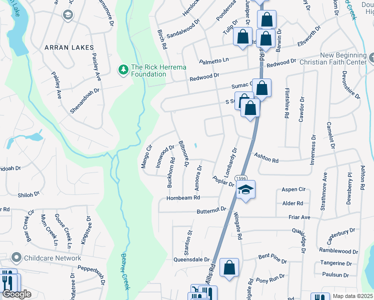 map of restaurants, bars, coffee shops, grocery stores, and more near 2025 Biltmore Drive in Fayetteville