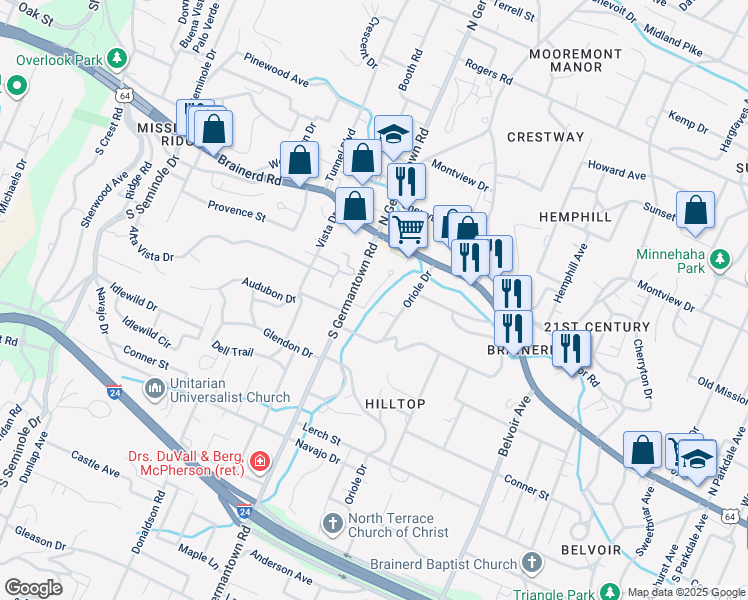 map of restaurants, bars, coffee shops, grocery stores, and more near 3616 Chateau Lane in Chattanooga