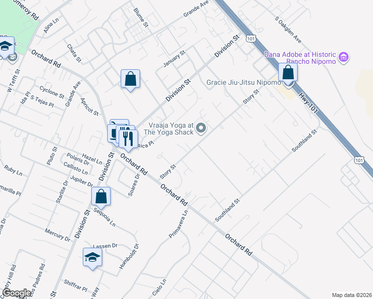 map of restaurants, bars, coffee shops, grocery stores, and more near 792 Story Street in Nipomo