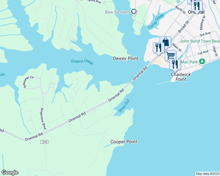 map of restaurants, bars, coffee shops, grocery stores, and more near 108 Goodwind Drive in Oriental
