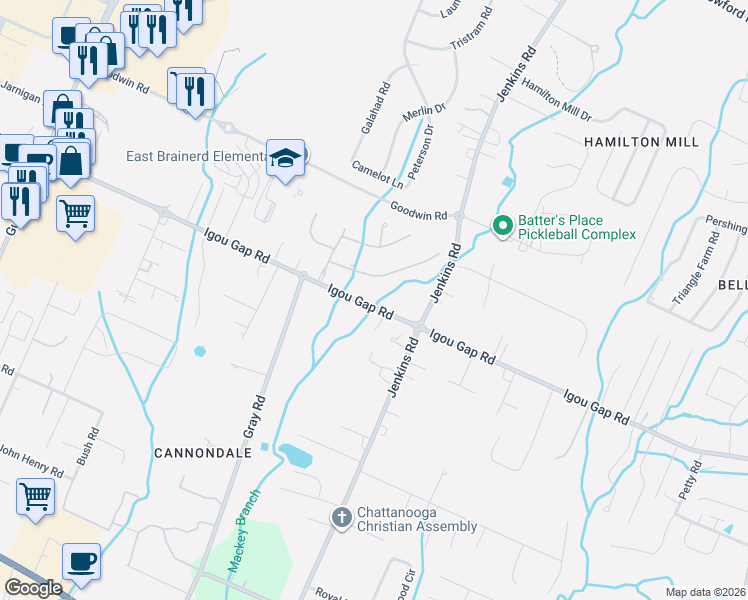 map of restaurants, bars, coffee shops, grocery stores, and more near 1816 Gray Rd in Chattanooga