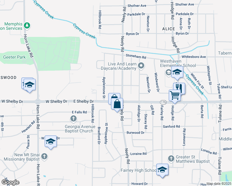 map of restaurants, bars, coffee shops, grocery stores, and more near 4638 Appleville Street in Memphis