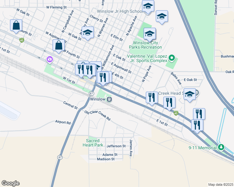 map of restaurants, bars, coffee shops, grocery stores, and more near 422 East 2nd Street in Winslow