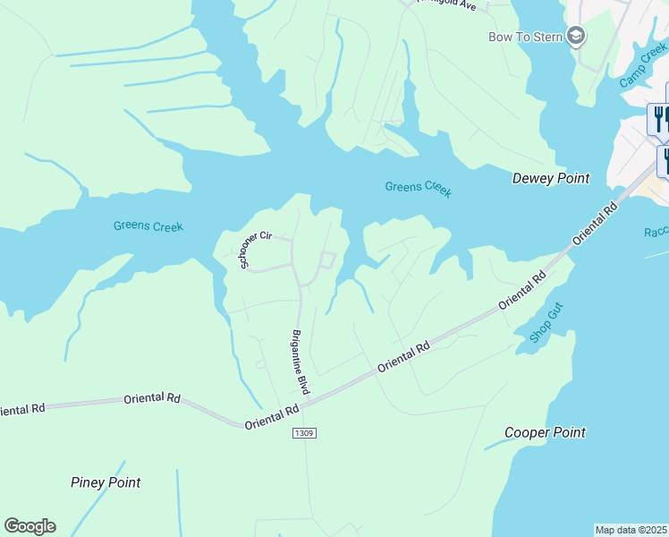 map of restaurants, bars, coffee shops, grocery stores, and more near 3010 Sloop Drive in Oriental