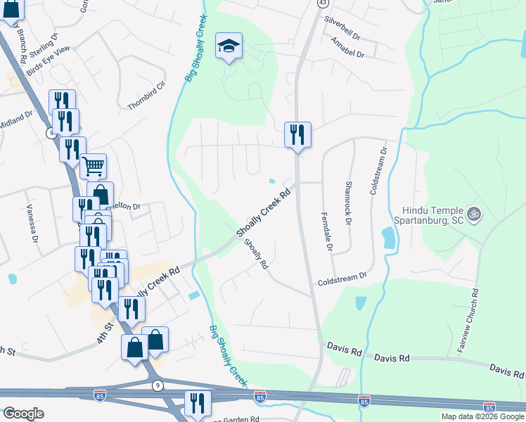 map of restaurants, bars, coffee shops, grocery stores, and more near 1531 Shoally Creek Road in Boiling Springs