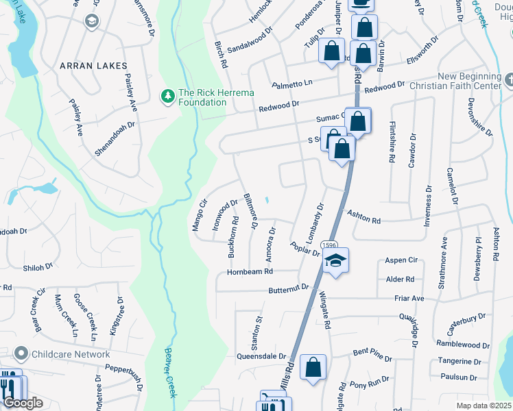 map of restaurants, bars, coffee shops, grocery stores, and more near 2025 Biltmore Drive in Fayetteville
