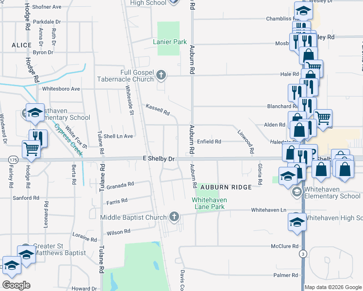 map of restaurants, bars, coffee shops, grocery stores, and more near 4642 Kassell Road in Memphis