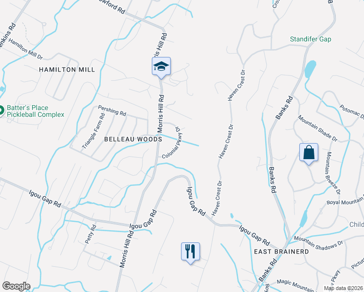 map of restaurants, bars, coffee shops, grocery stores, and more near 2112 Colonial Parkway Drive in Chattanooga