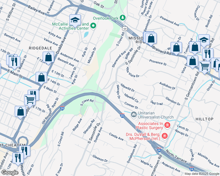 map of restaurants, bars, coffee shops, grocery stores, and more near 415 Sioux Trail in Chattanooga