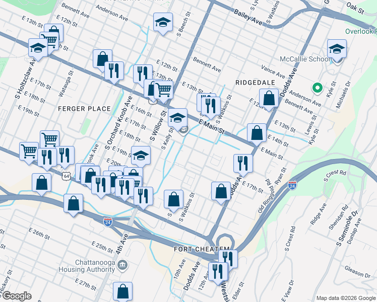 map of restaurants, bars, coffee shops, grocery stores, and more near 1701 South Lyerly Street in Chattanooga