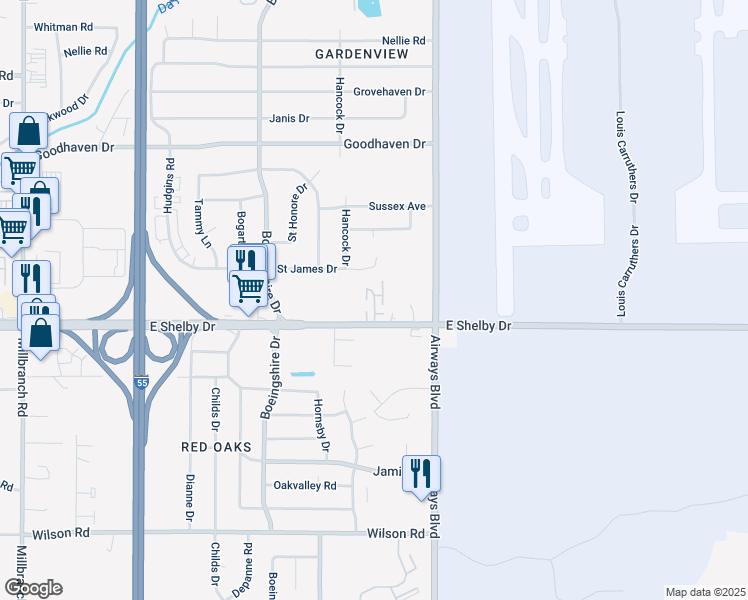 map of restaurants, bars, coffee shops, grocery stores, and more near 2146 East Shelby Drive in Memphis