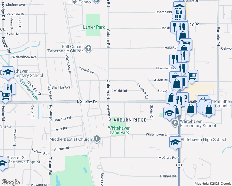 map of restaurants, bars, coffee shops, grocery stores, and more near 885 Enfield Road in Memphis