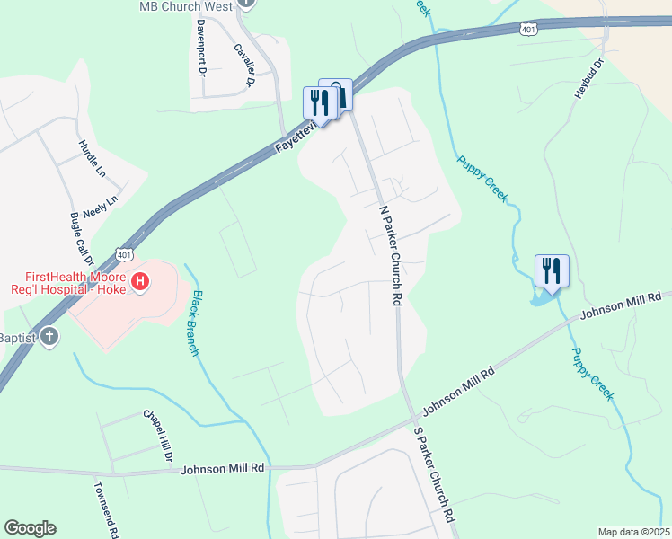 map of restaurants, bars, coffee shops, grocery stores, and more near 109 Van Buren Drive in Raeford