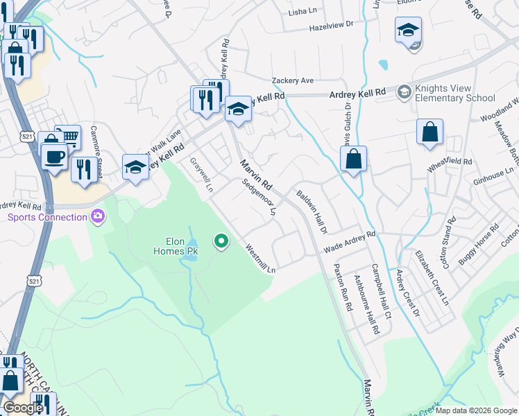 map of restaurants, bars, coffee shops, grocery stores, and more near 17211 Overstone Court in Charlotte